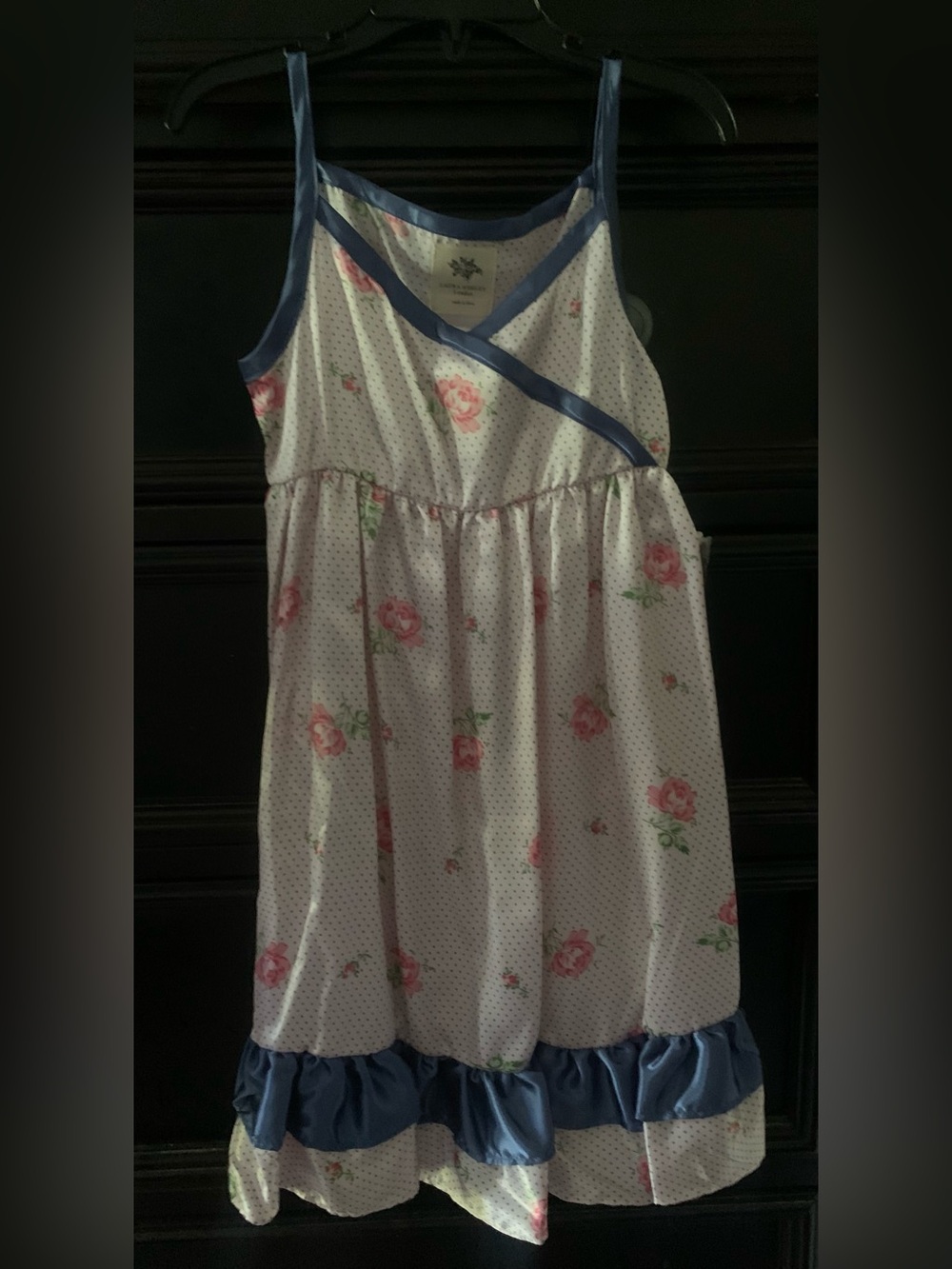 Laura Ashley White Floral Nightgown with Pink Roses and Blue Trim